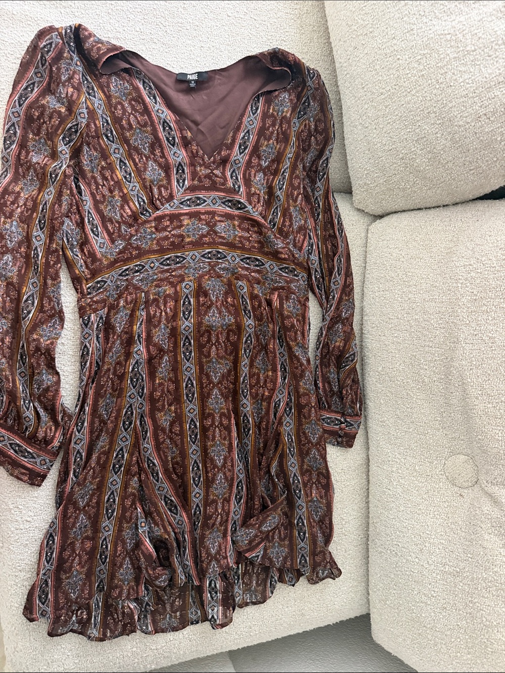 PAIGE Brown Rust Paisley-Stripe Long Sleeve V-Neck Dress